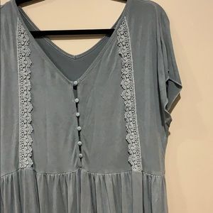Stonewashed Blue Gray Flowy Blouse with Lace